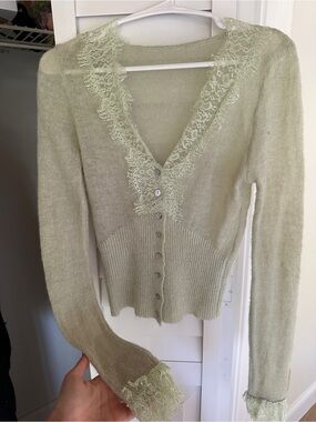 Light Green Lace-Trim V-Neck Button Cardigan Sweater